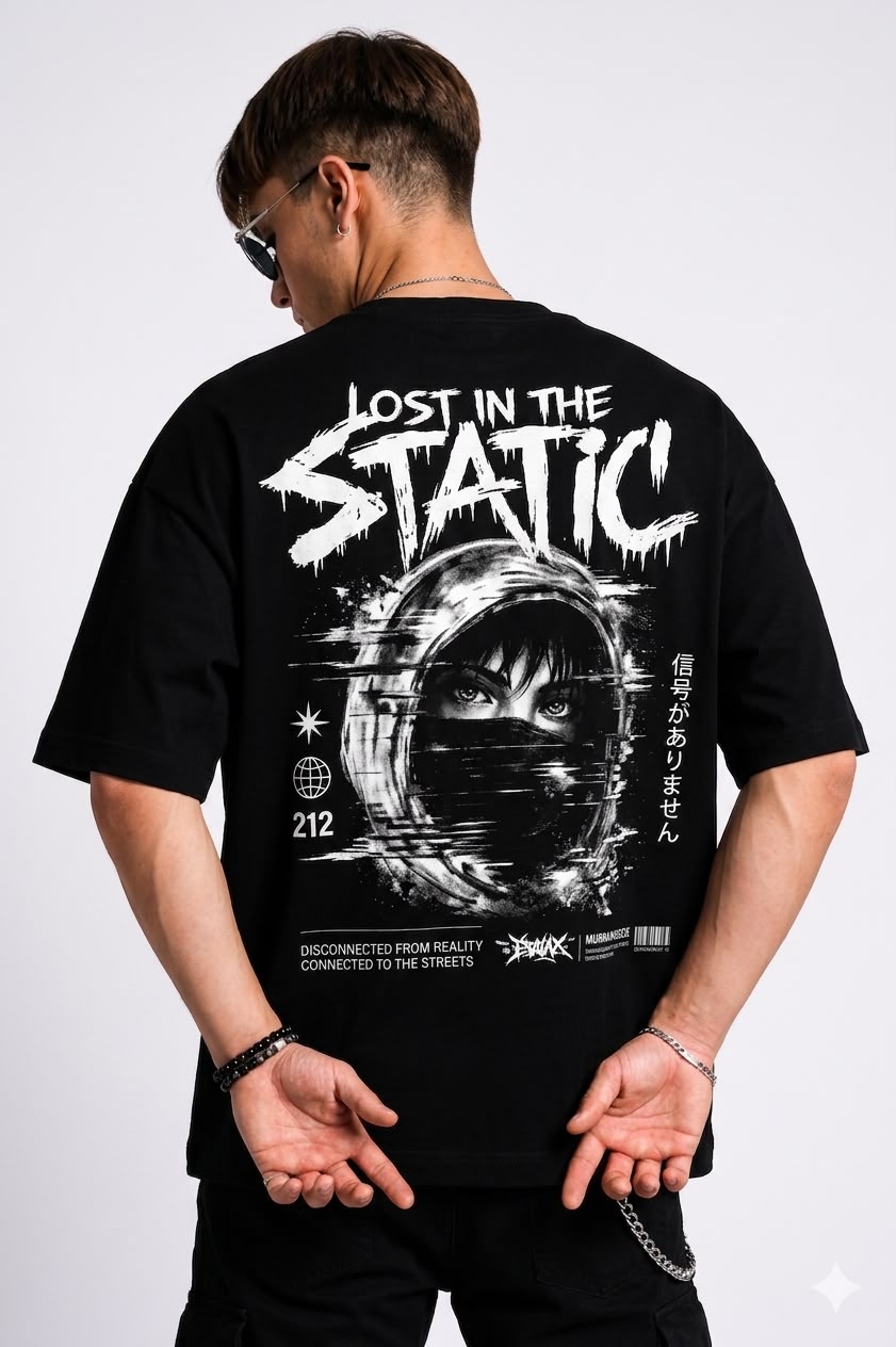 "lost in the static" black oversized graphic t shirt premium cotton streetwear tee "lost in the static" black oversized graphic t shirt premium cotton streetwear tee