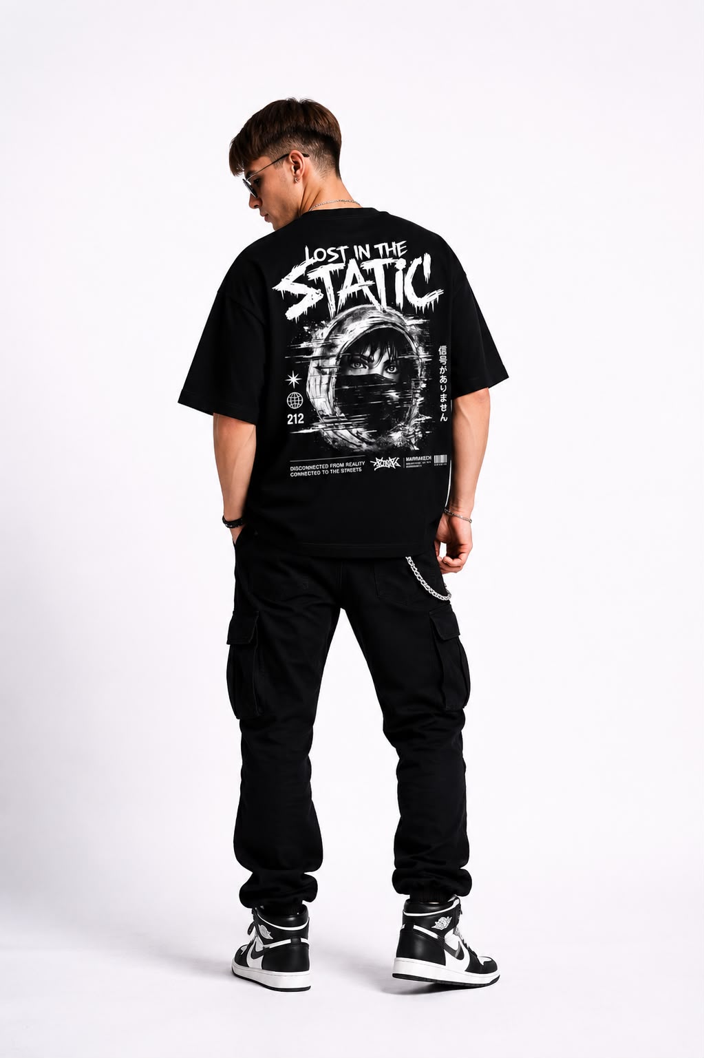 "lost in the static" black oversized graphic t shirt premium cotton streetwear tee "lost in the static" black oversized graphic t shirt premium cotton streetwear tee